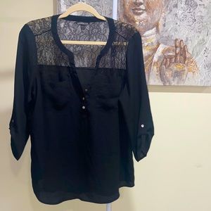 Express black lace office blouse 3/4 sleeve with buttons and pockets